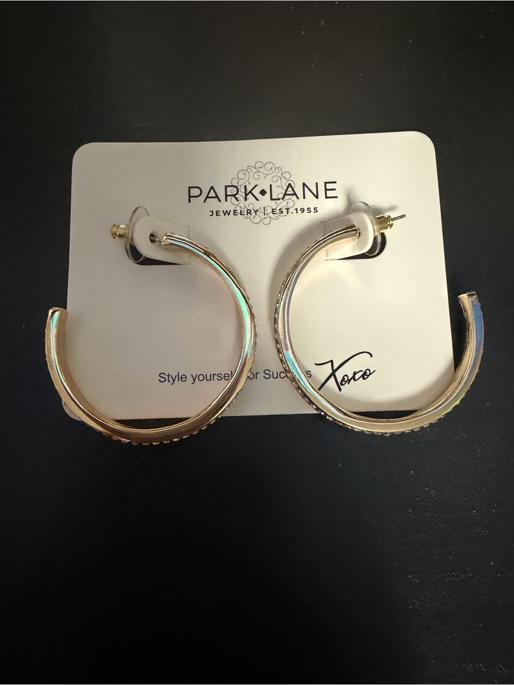 Park Lane Shiny Gold Textured Hoop Earrings with Rhinestones